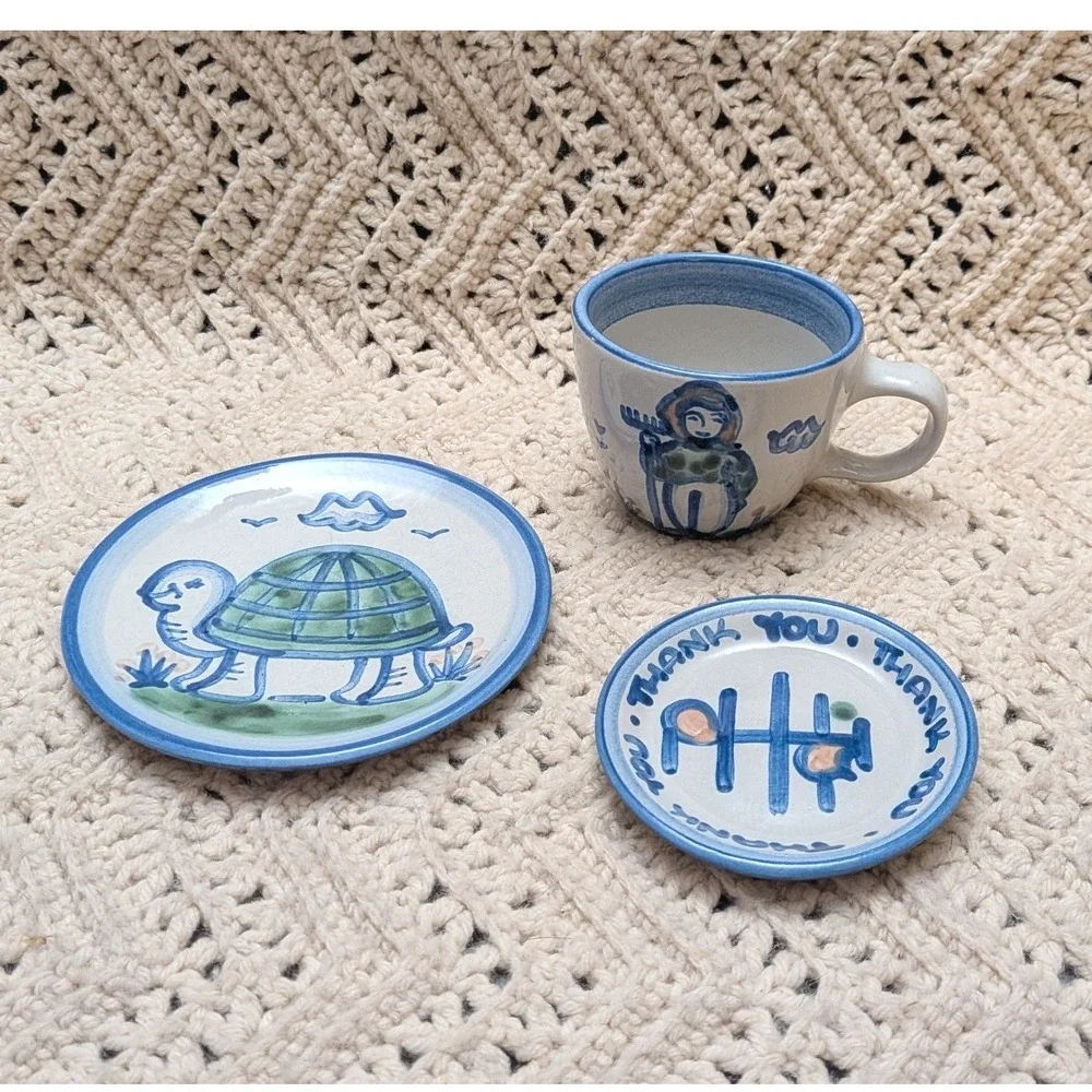 MA Hadley Pottery 3 Piece Lot Turtle Plate Thank You Dish Farmer The End Mug